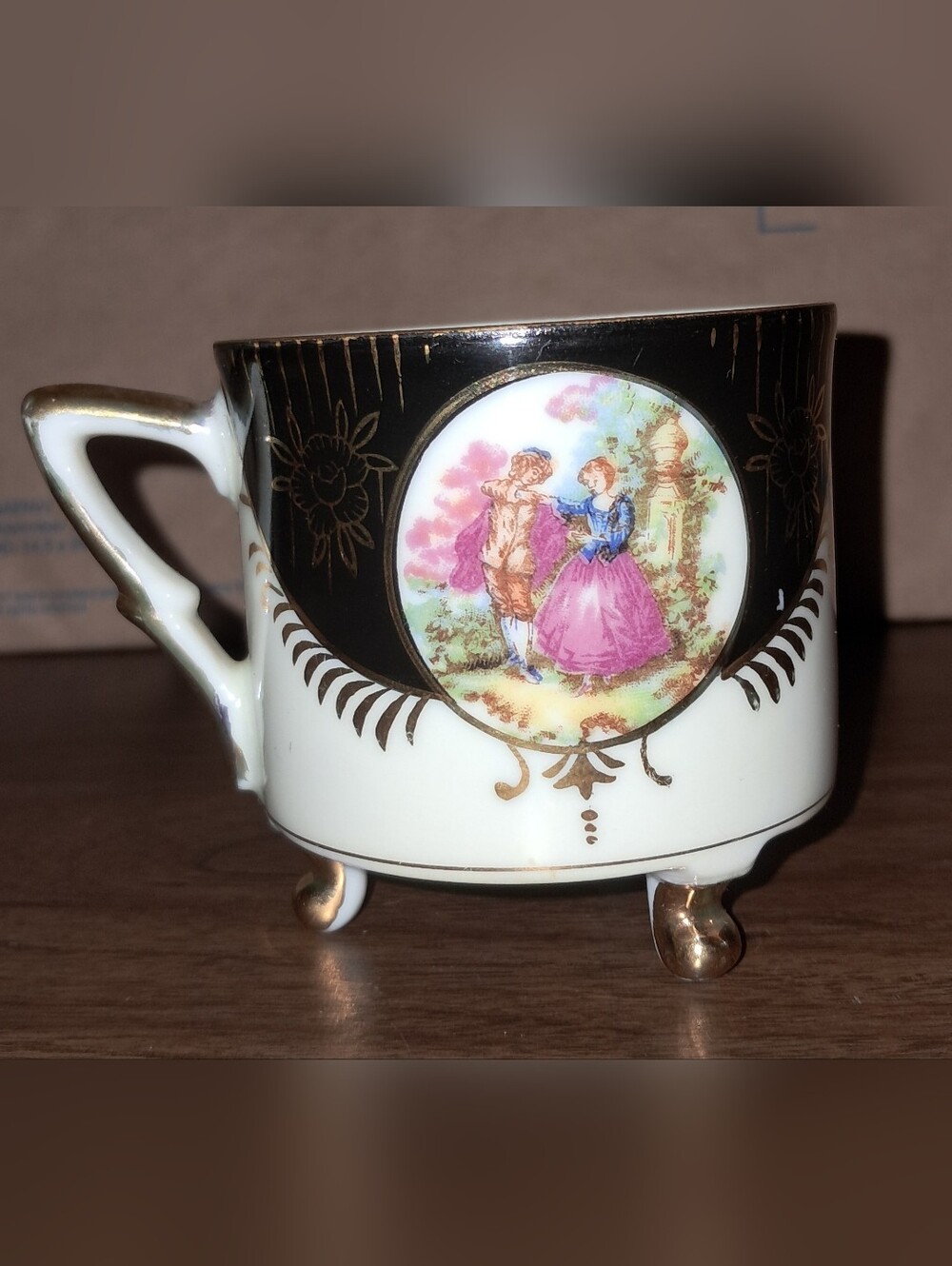Victorian Couple Porcelain Footed Teacup with Goldtone Accents
